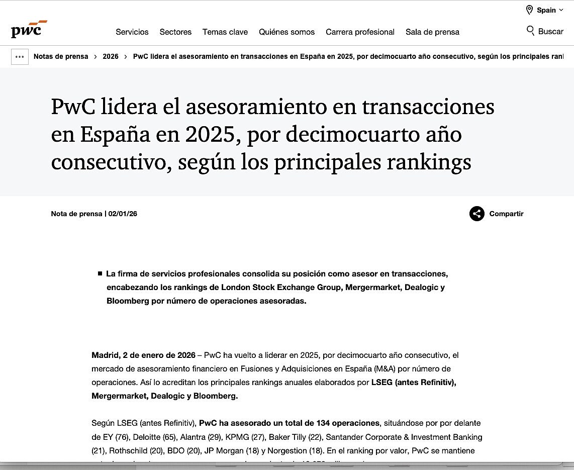 PwC lidera el asesoramiento en transacciones en Espa�a en 2025, por decimocuarto a�o consecutivo, seg�n los principales rankings